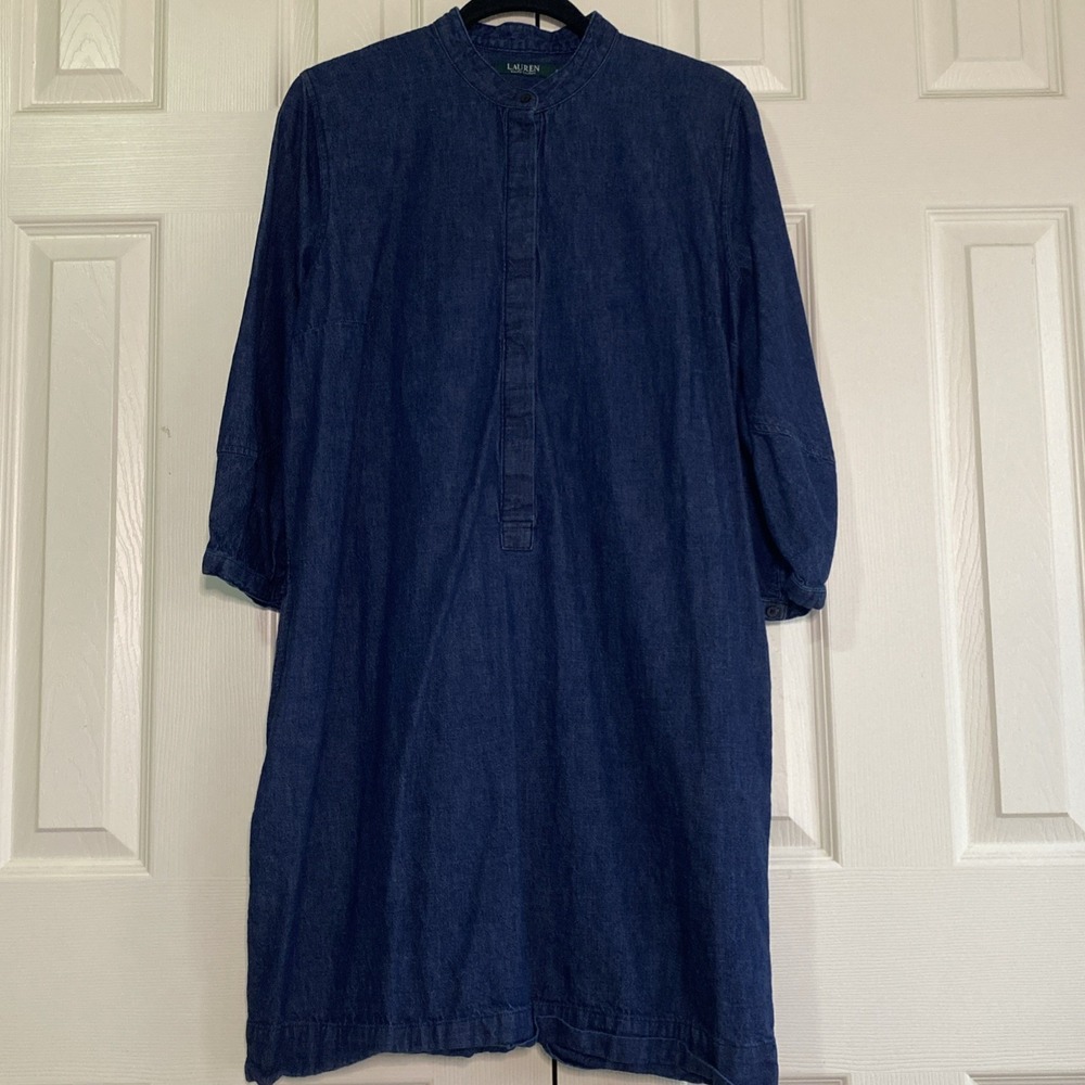 Lauren Ralph Lauren Dress Womens 12 Blue Soft Denim Shift Midi Button 3/4 Sleeve